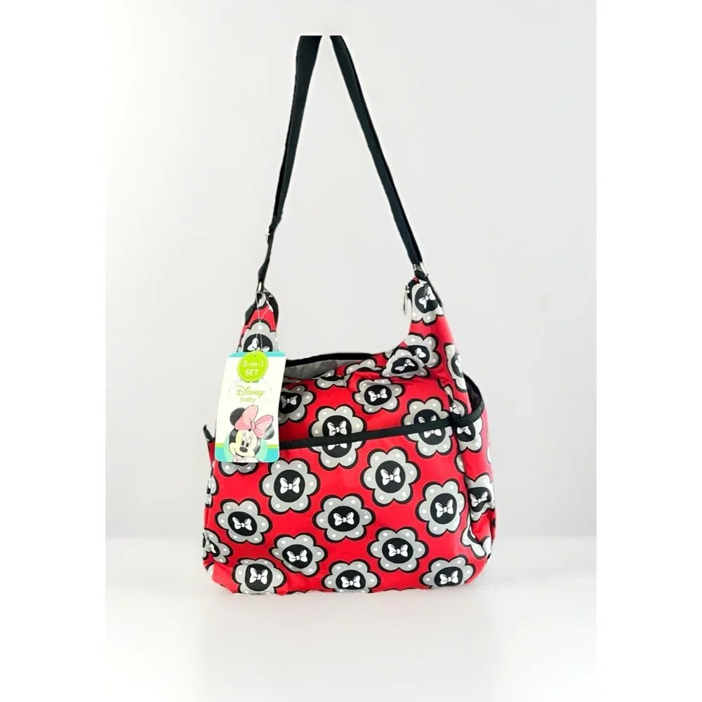 DISNEY BABY MINNIE MOUSE 5-in-1 Adjustable Strap Red Carryall Diaper Bag Set NWT